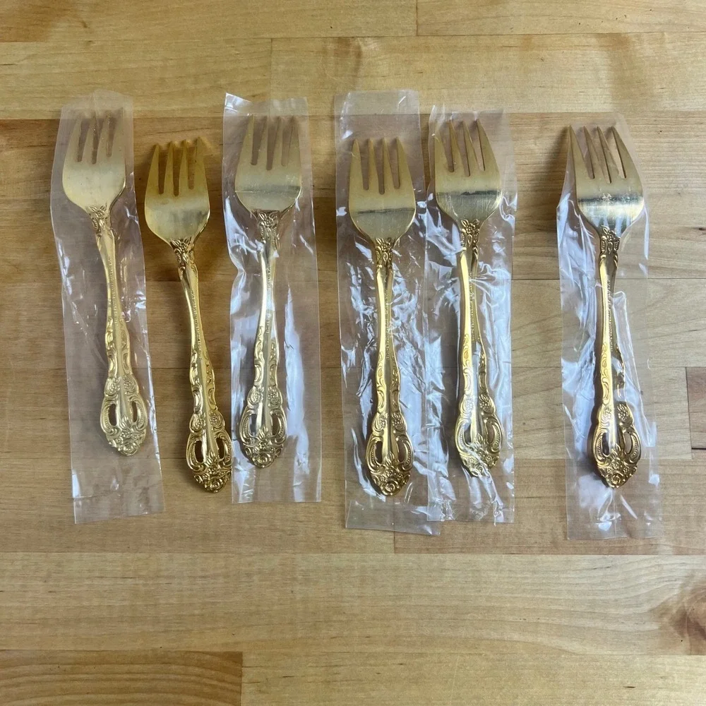 Olde Chelsea Silversmiths Set of 6‎ Vintage Gold Tone Korea Salad Forks Ornate